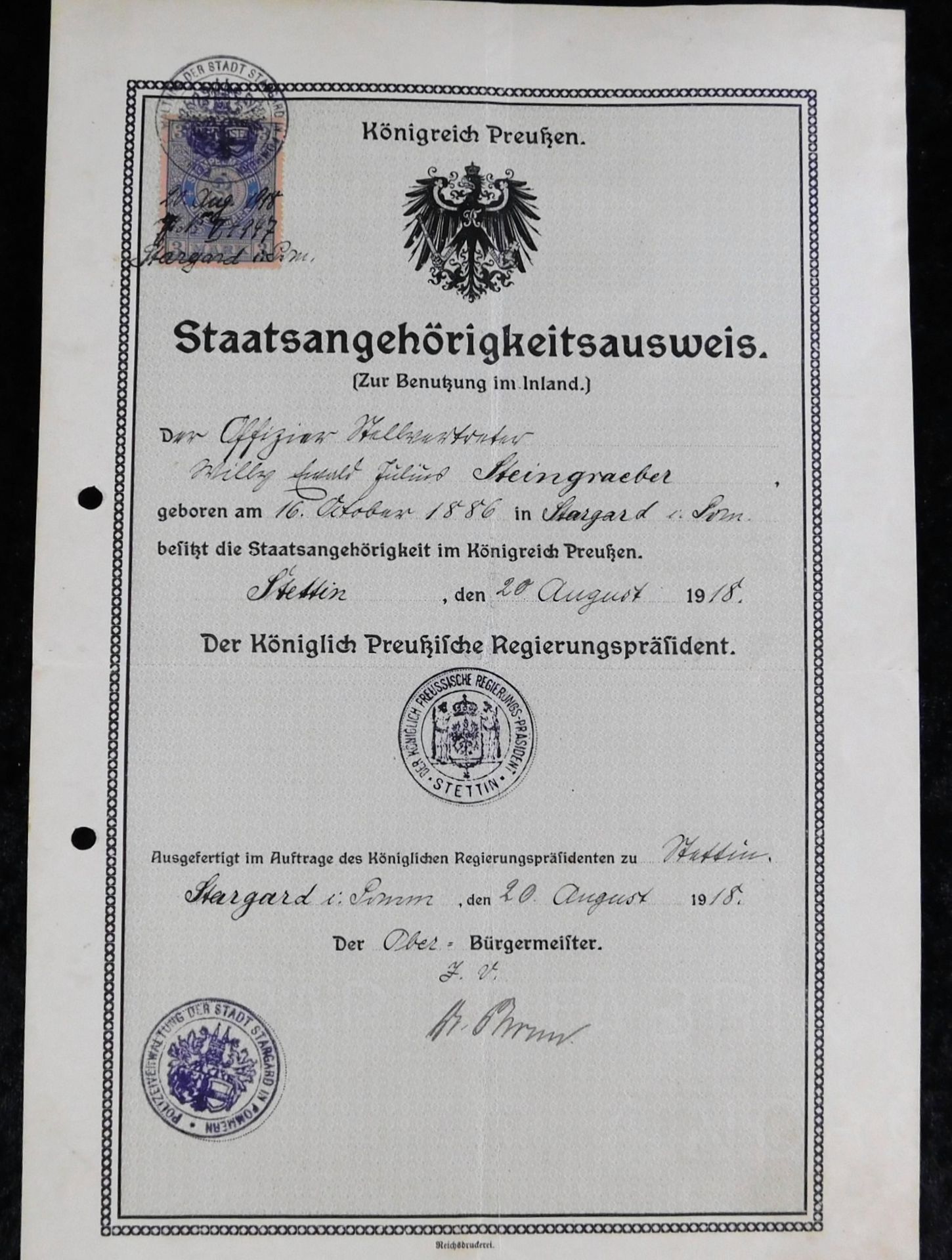 Staatsangehörigkeitsausweis, Preußen 1918