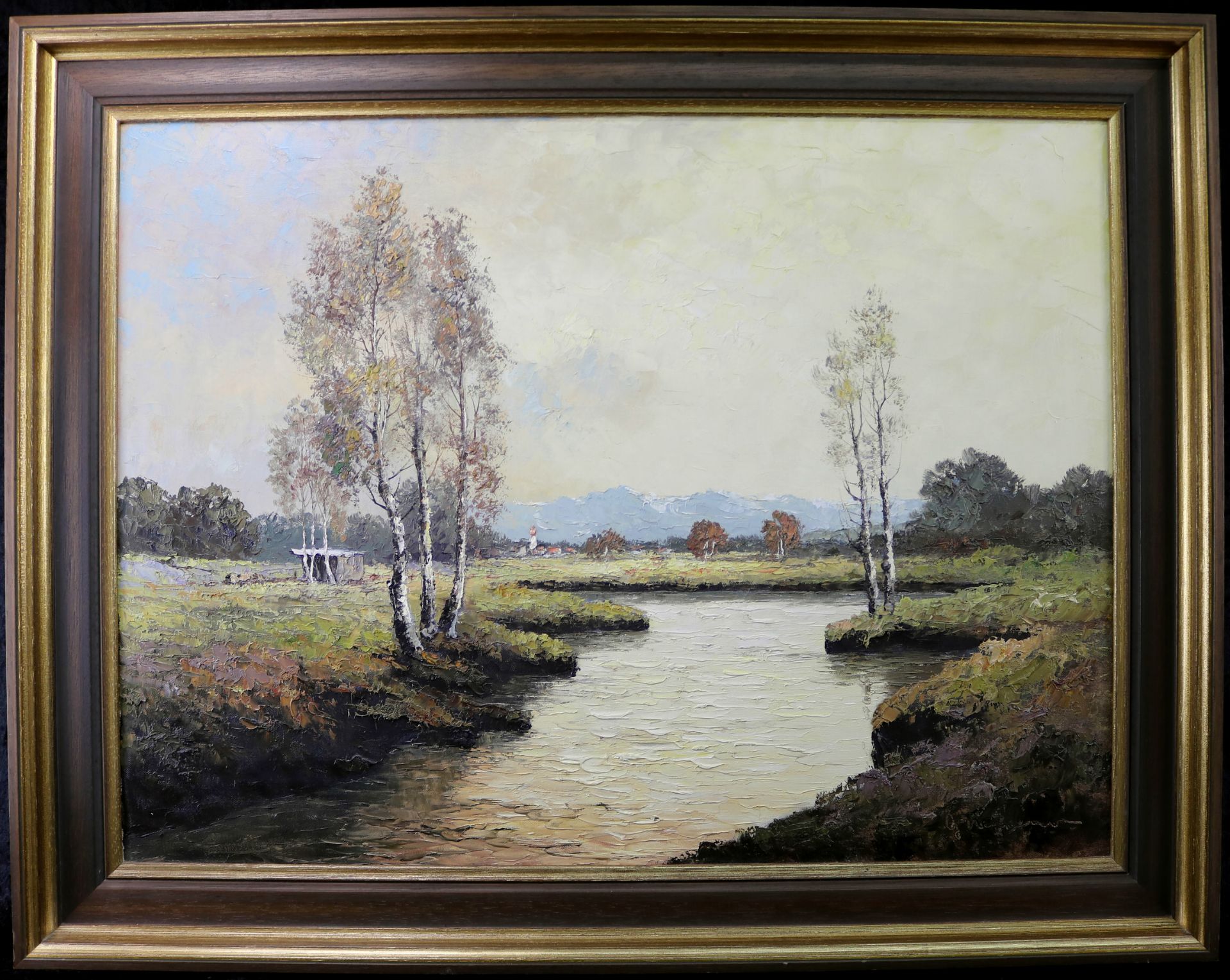 "Birken am Wasser", undeutl. signiert "G. Wegener" (?), Öl/Leinwand, 59 x 78,5 cm