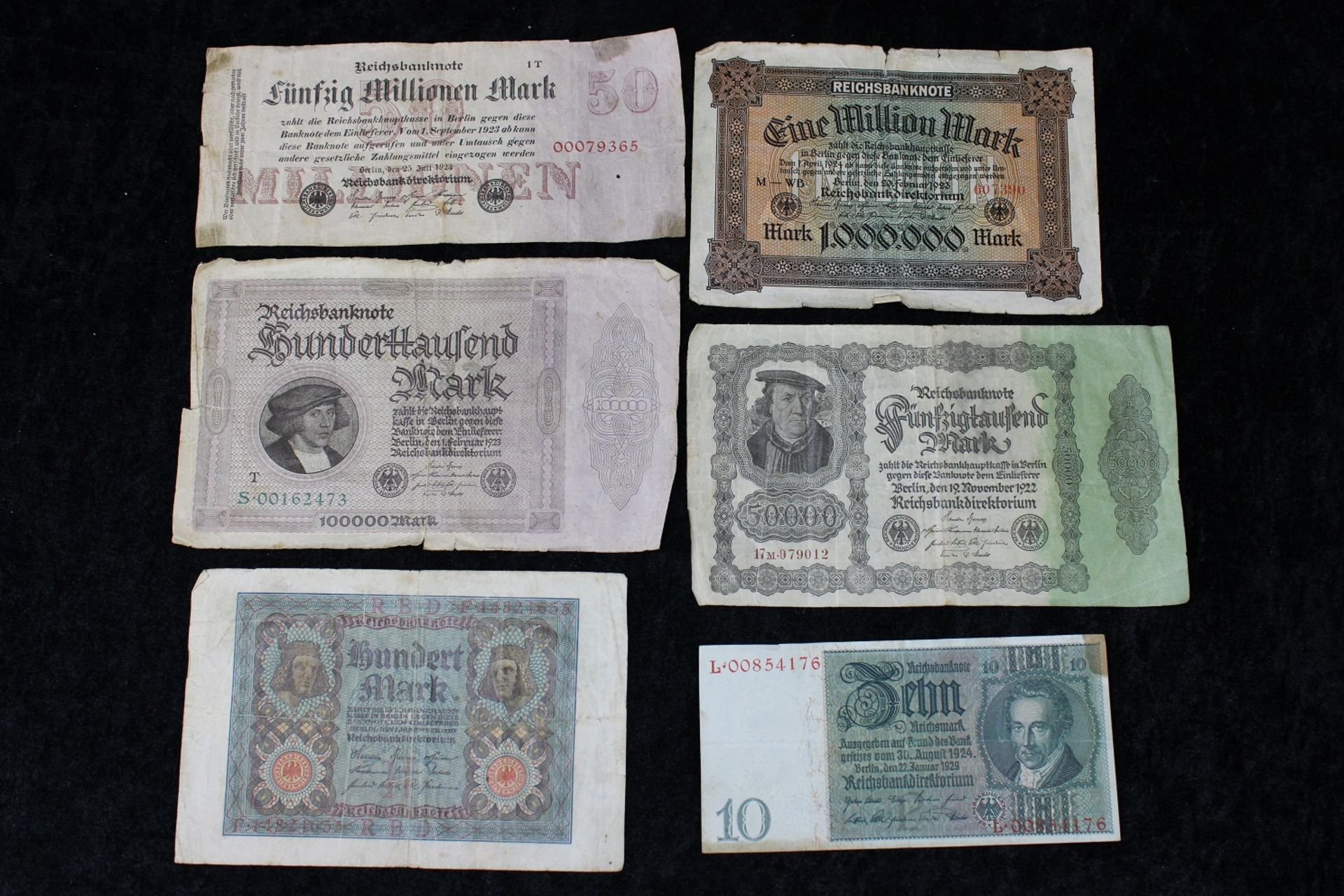 6 Reichsbanknoten, Reichsmark von 1920 ,1922, 1923, 1929