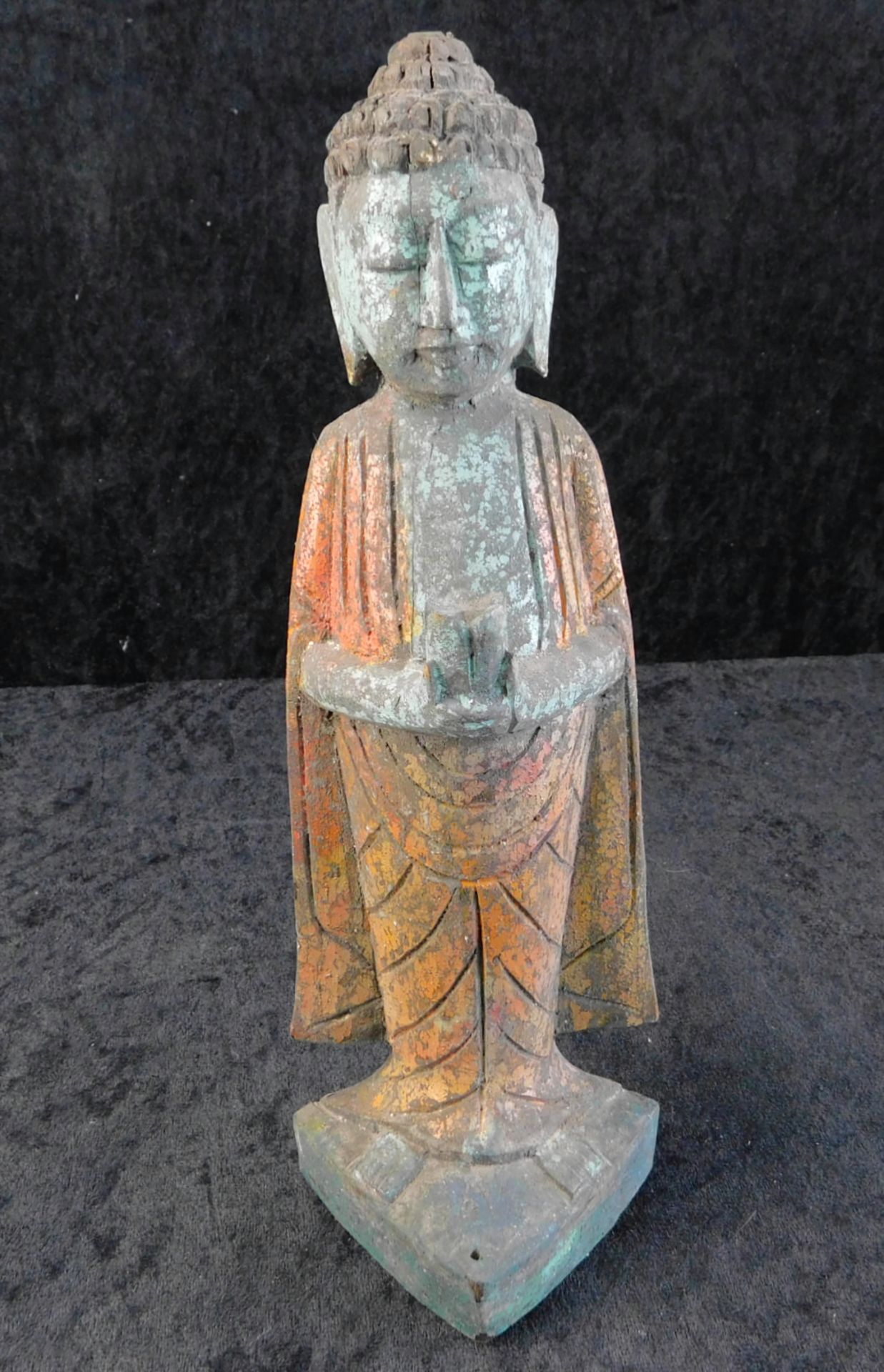 Stehender Buddha, Thailand, um1900., Holz geschnitzt, Höhe 26 cm, Breite 9 cm