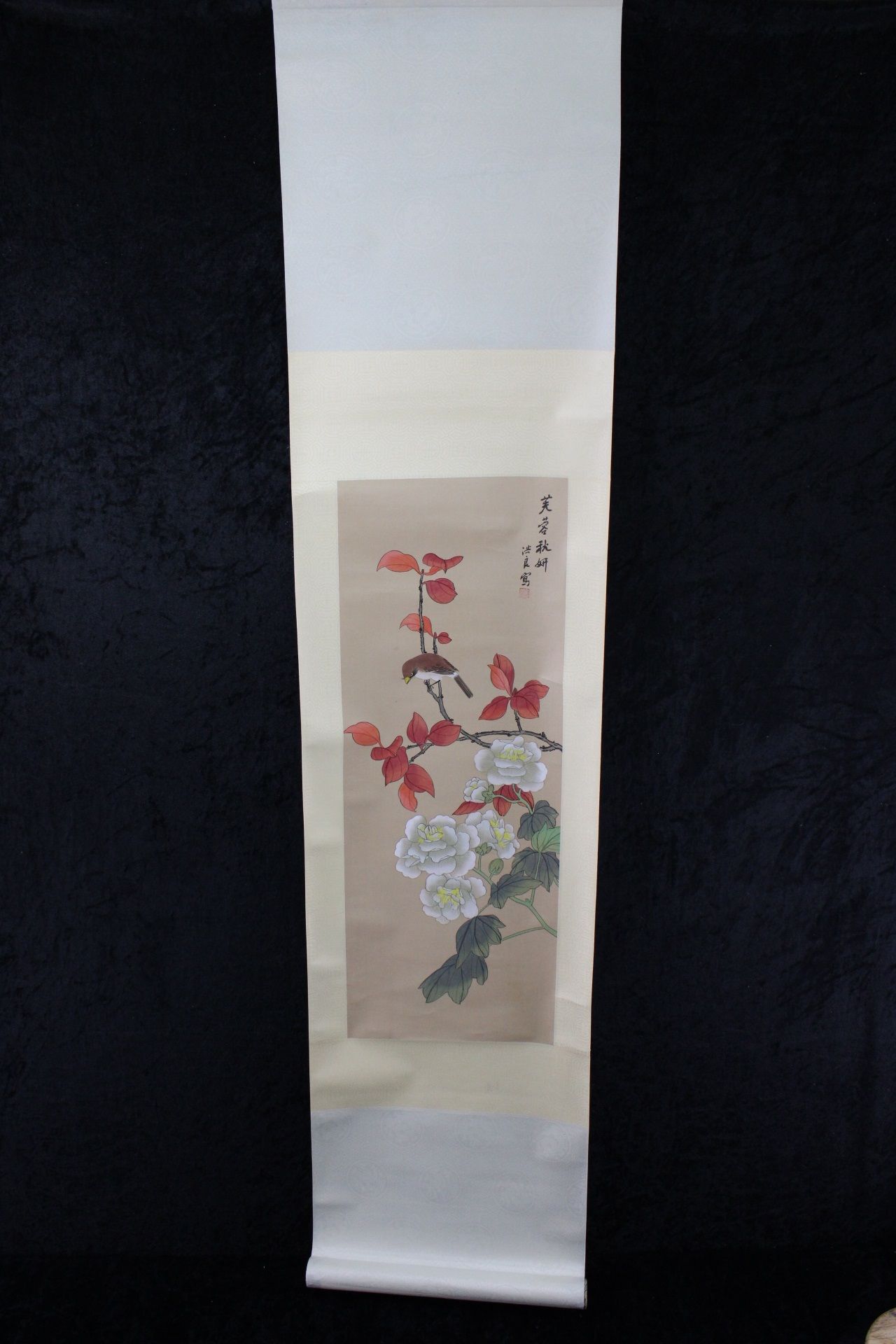 4 Chinesische Rollbilder, Blüten und Vogelmotive als farbige Tuschmalerei auf Seide - Image 4 of 7