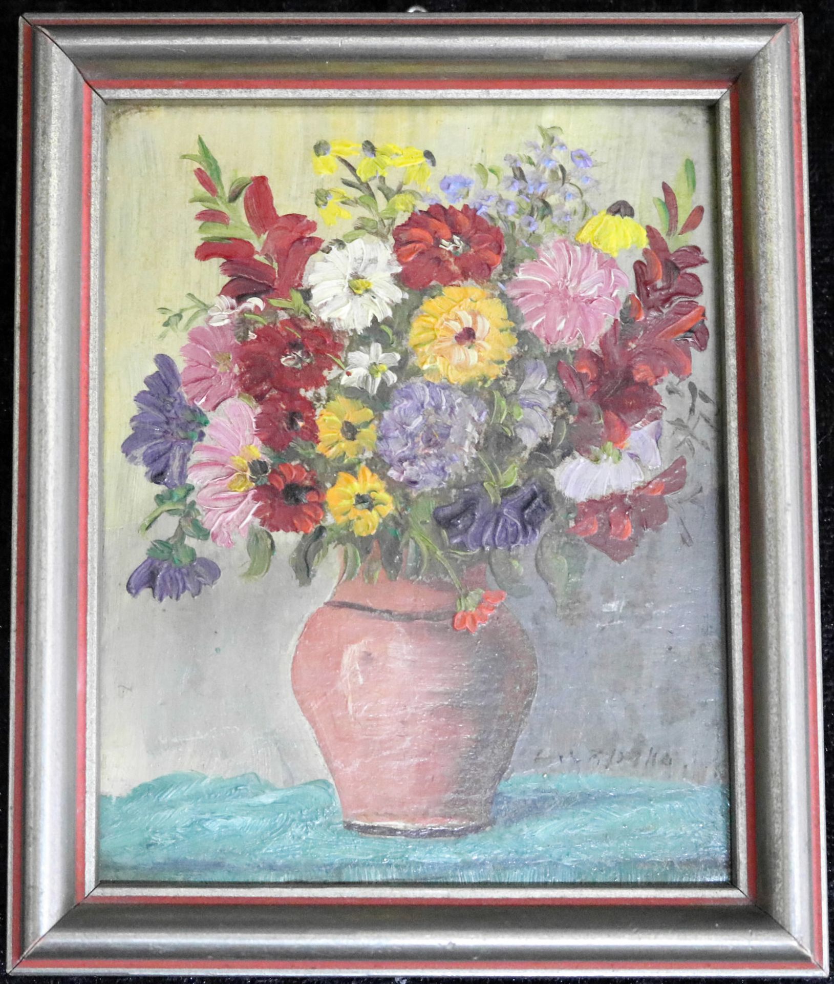 Miniatur-Stillleben "Blumenstrauß in Tonvase", Öl/Platte, sign., 11 x 8,5 cm, 20. Jh.,