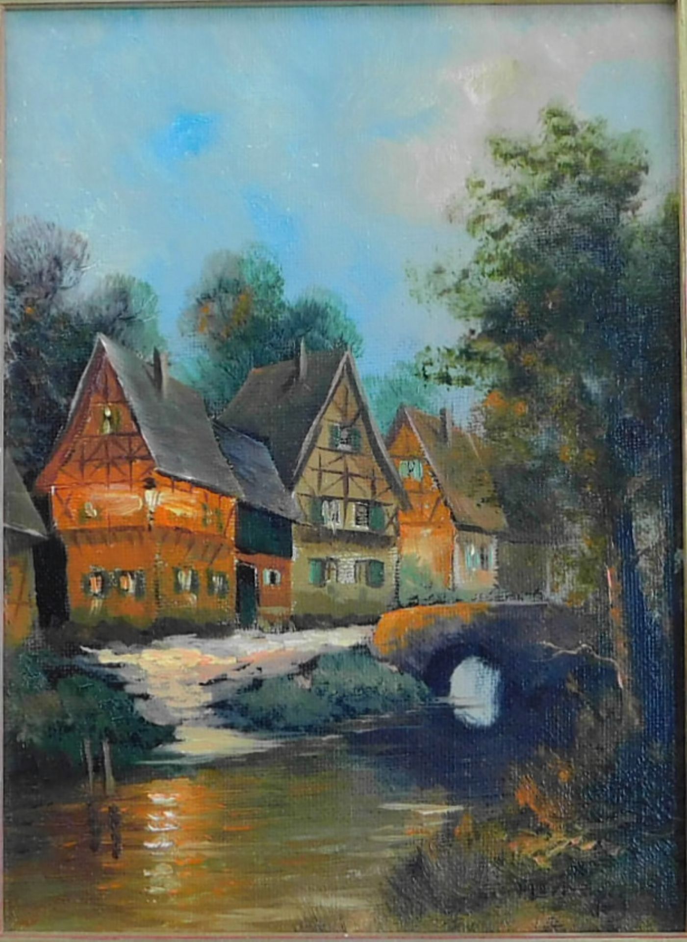 Unbek. Künstler, 20.Jh., "Fachwerkhäuser am Bachlauf", Öl/Leinwand, sig., 28 x 22 cm - Image 2 of 4