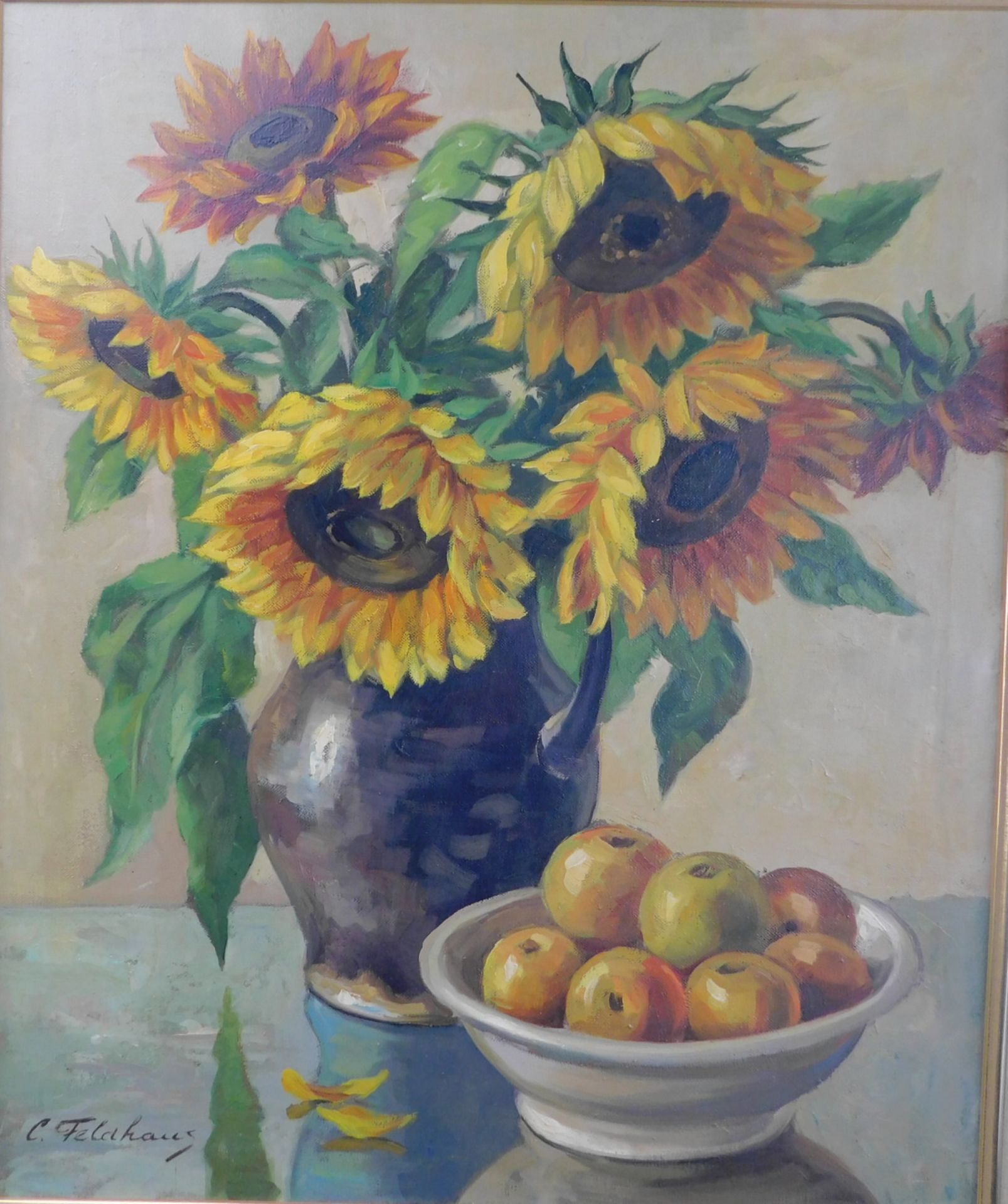 C. Feldhaus, Maler 20.Jh., Stillleben "Sonnenblumen und Äpfel", Öl/ Leinwand - Image 2 of 5