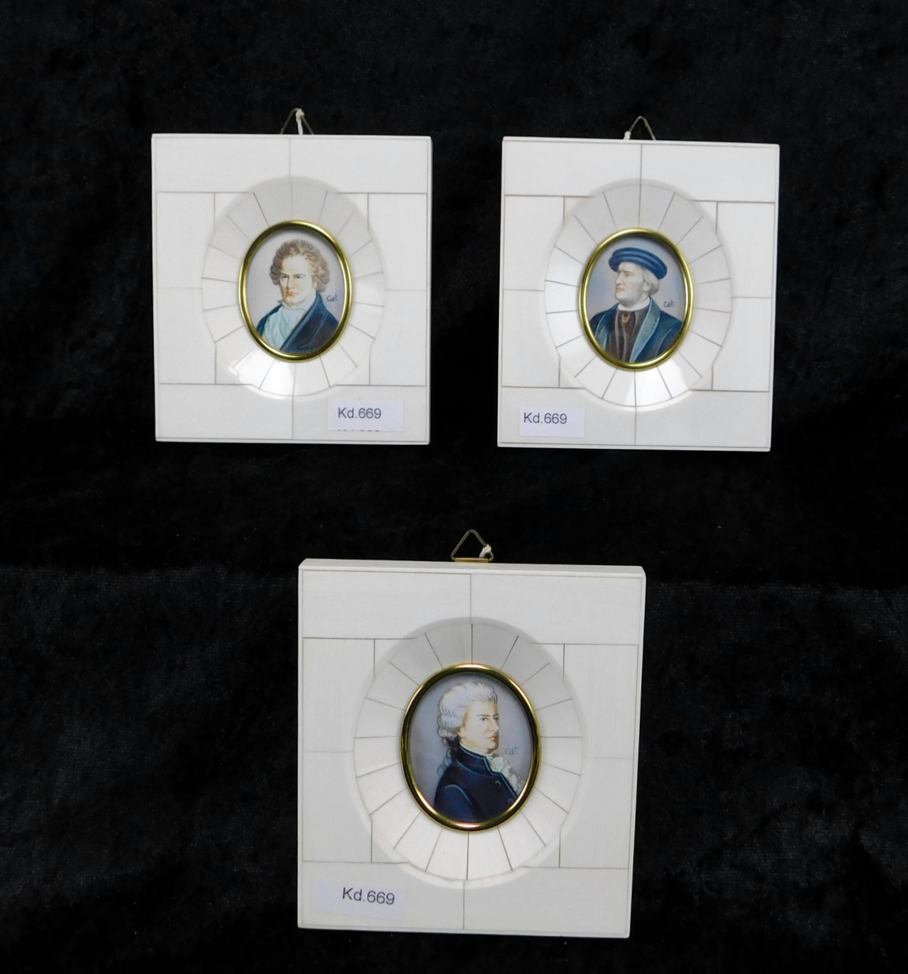 3 Miniaturen, Beethoven, Mozart, Wagner, Öl, heller Rahmen 11,5 x 10 cm