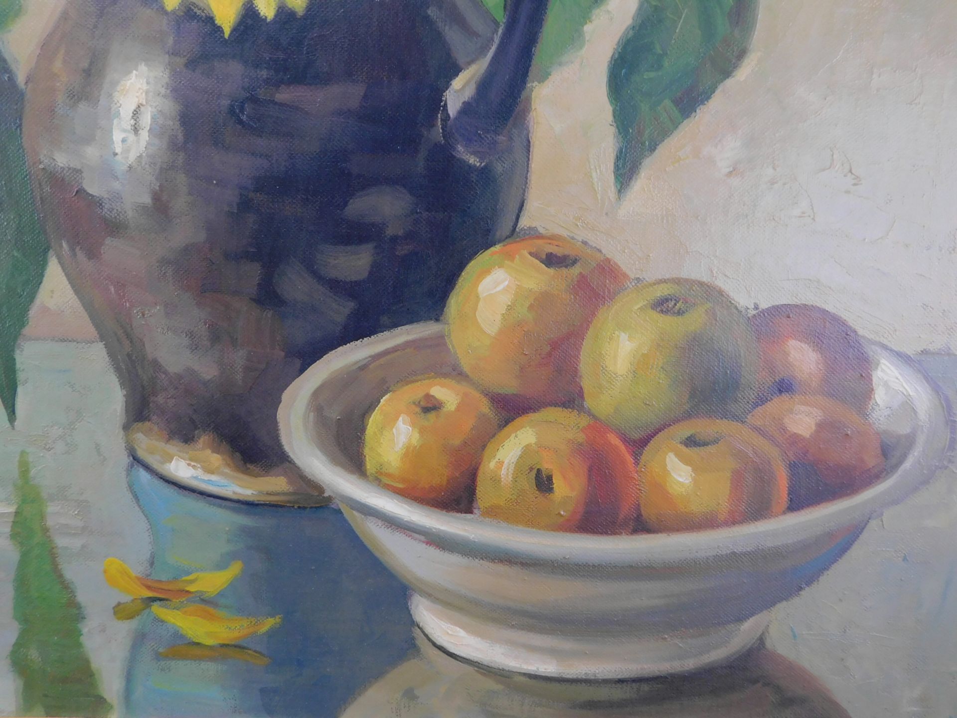 C. Feldhaus, Maler 20.Jh., Stillleben "Sonnenblumen und Äpfel", Öl/ Leinwand - Image 4 of 5