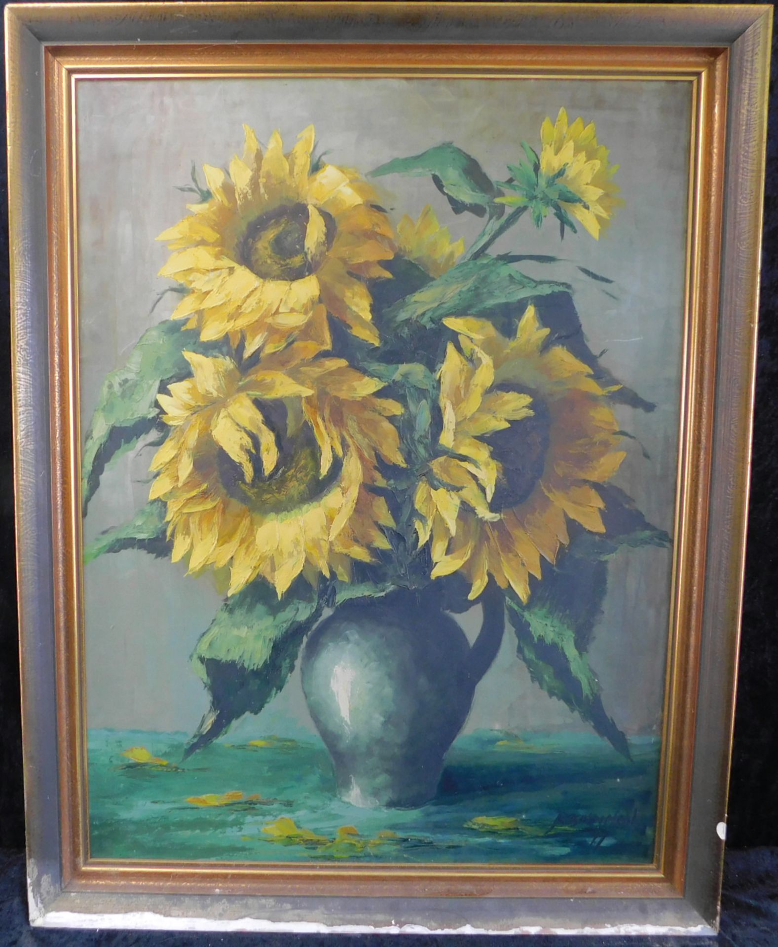 R. Barmefeld, Stillleben "Sonnenblumen", Öl/Platte, sig. u. dat. (19)47