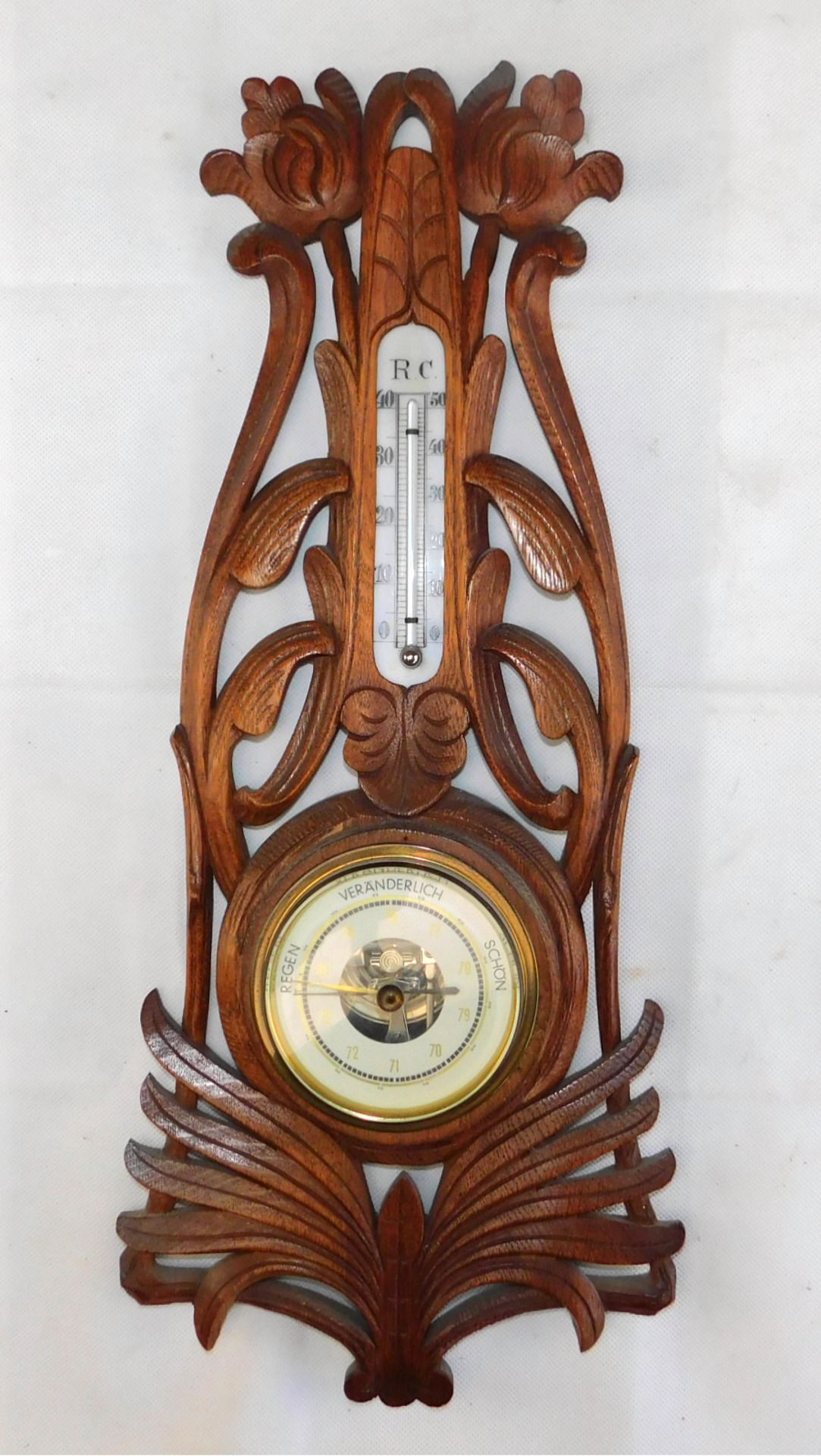 Barometer Thermometer Jugendstil, deutsch um 1900, Eiche, florale Schnitzereien