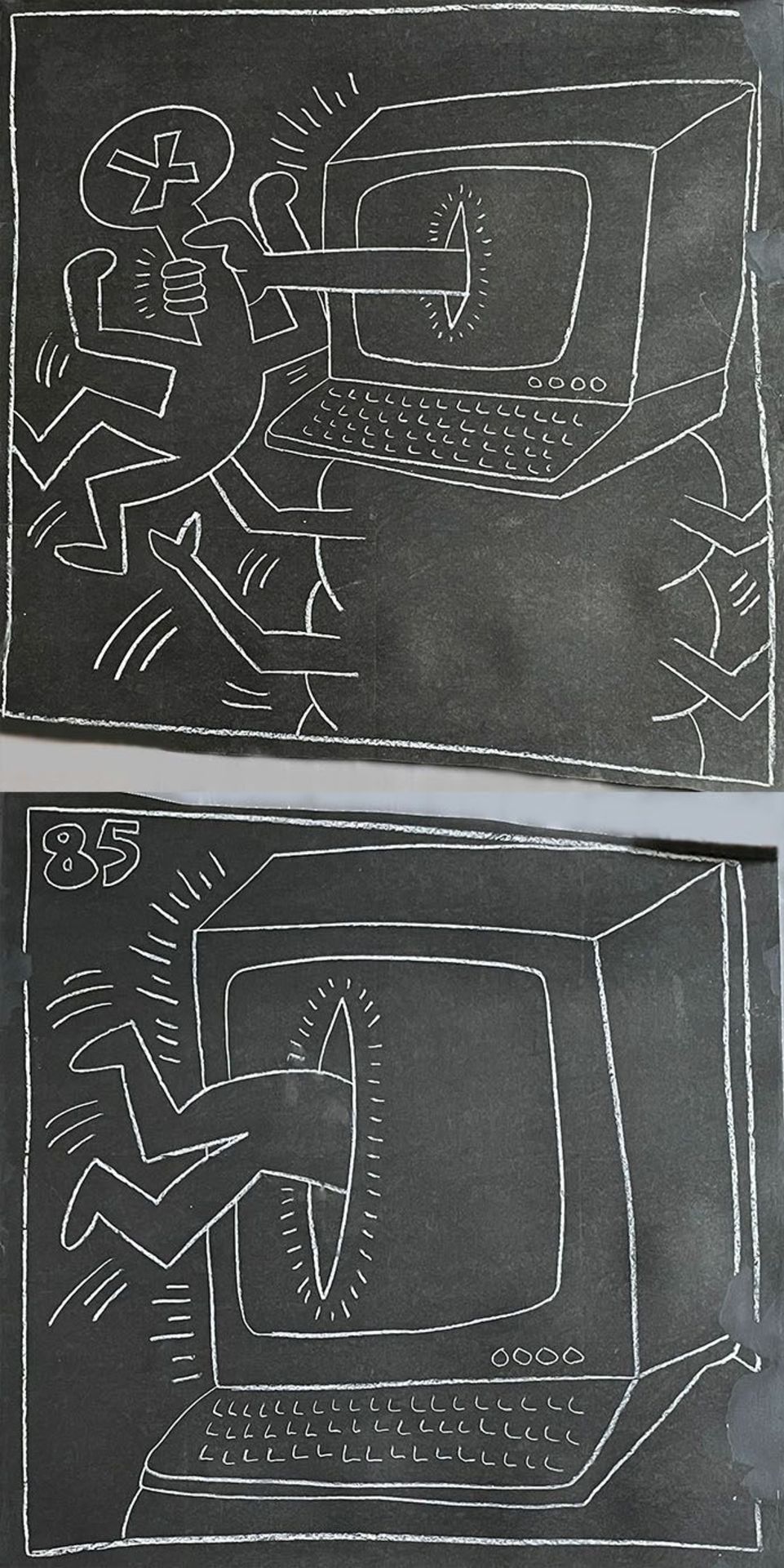 Keith Haring (1958-1990) zugeschr., Untitled (Subway Drawing), weiße Kreidezeichnung auf schwarzem