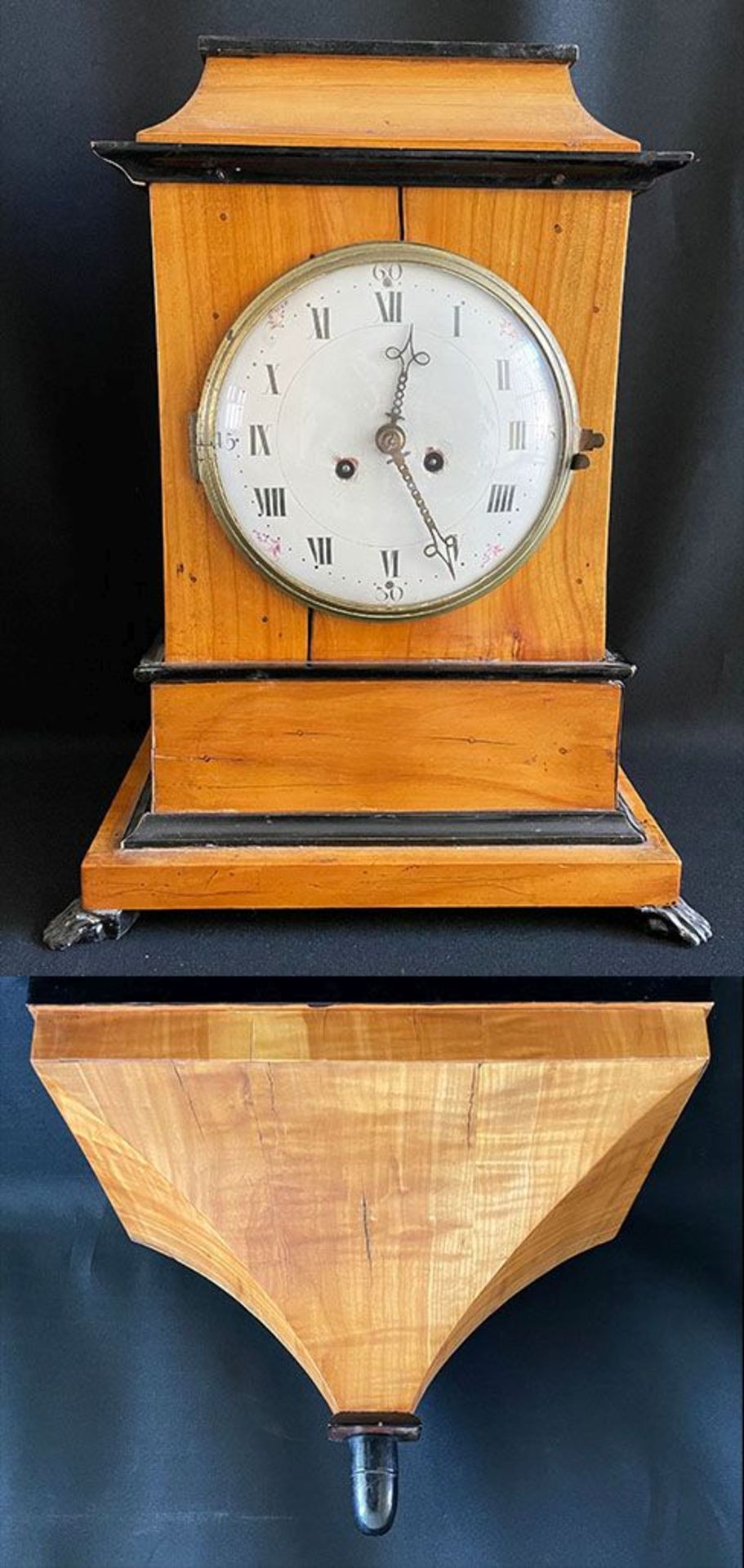 Biedermeier-Uhr mit Konsole, 19. Jh.: hochrechteckiges Uhrengehäuse, Emailziffernblatt mit römischen