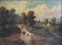 Augustin PALME (1808-1897), Biedermeierliche Landschaft mit Flußlauf, Brücke und Figuren,