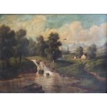 Augustin PALME (1808-1897), Biedermeierliche Landschaft mit Flußlauf, Brücke und Figuren,