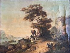 Unbekannter Maler des 19. Jhds., Landschaft mit einem Hirten und seinen Ziegen am Ufer sitzend,