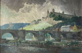 Peter Würth (1873 - 1945), Festung Marienberg mit alter Mainbrücke in Gewitterstimmung, signiert,