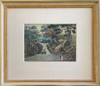 Unbekannter Künstler, Landschaft mit Wasserfall, um 1840: fein ausgeführte Baumlandschaft um einen