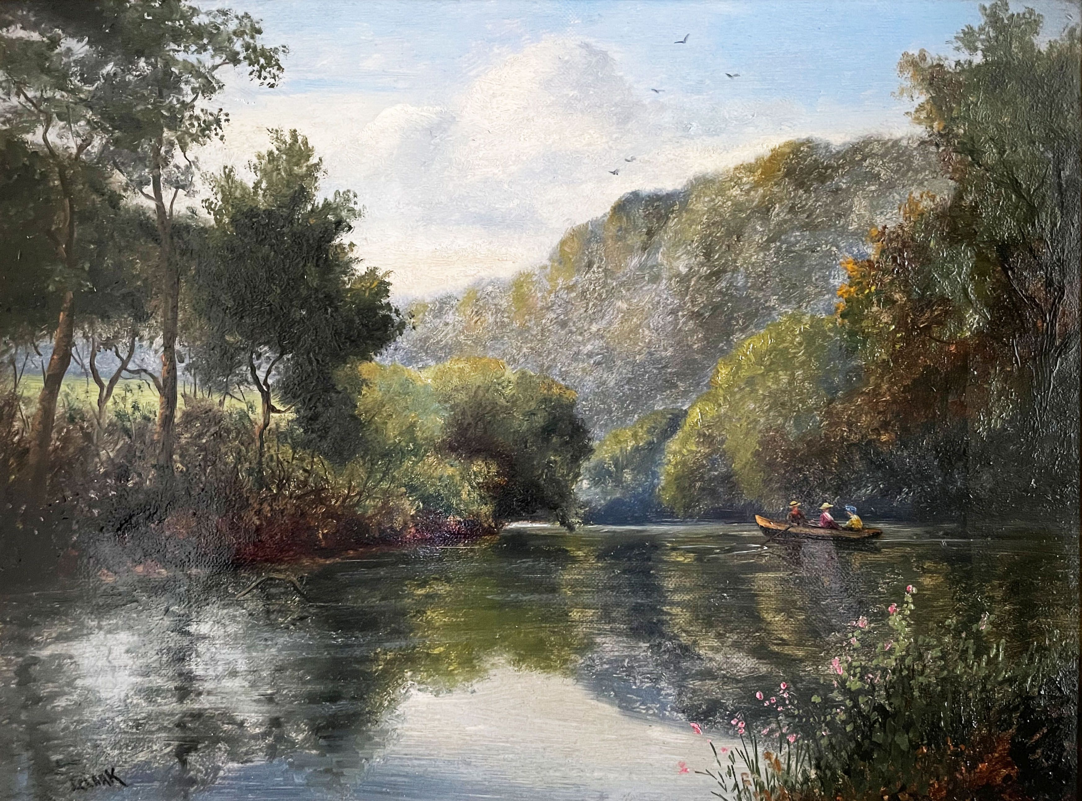 James Clarke Waite (1832-1920), Flusslauf mit Ruderboot, gesäumt von Bäumen, die sich im klaren