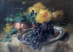 Unbekannter Künstler, 19. Jh., Stilleben mit Weintrauben und Astern, unleserlich signiert, Öl/Lwd (