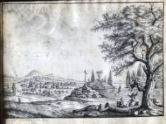 Danzel (französischer Künstler des 18. Jhds), Landschaft mit Kreuz, im Vordergrund ein Baum,