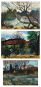 Curd Lessig (1924 Stuttgart), drei Aquarelle, farbenfrohe Landschaften, sign. u. dat. 1997 und 1998,