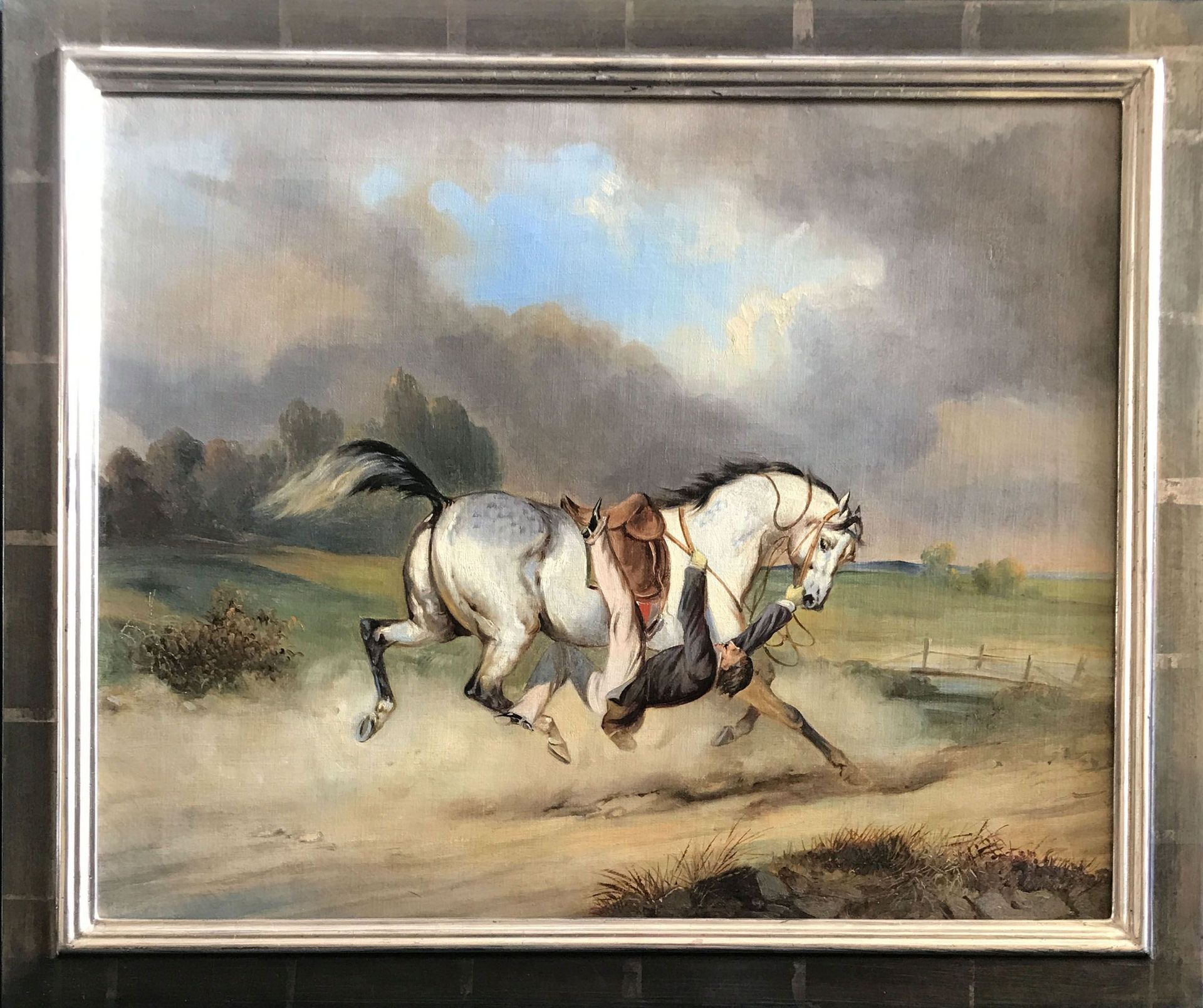 Unbekannter englischer Künstler, 19. Jh., Fallender Reiter in einer Landschaft mit dramatischen - Bild 4 aus 4