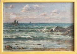 Jules Masuré (1819-1910), Küstenlandschaft mit Segelbooten auf bewegtem Meer und wolkigem Himmel