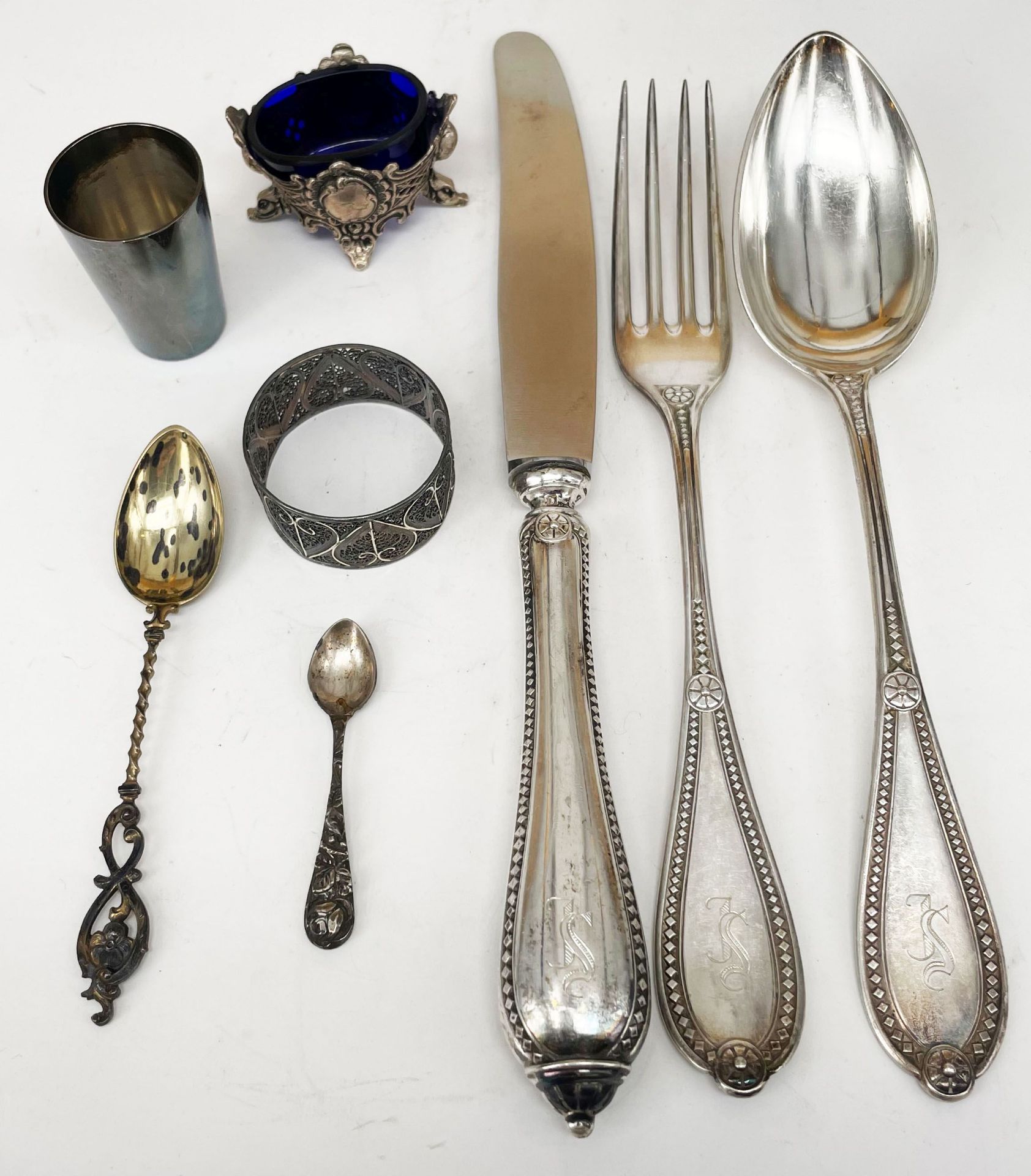 Silberbesteck und diverse Silberteile: 11 Löffel, 10 Messer und 9 Gabeln, Becker Solingen, - Bild 2 aus 2