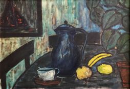 Unbekannter Künstler, Stillleben mit Kaffeekanne und Obst: auf einem Tisch steht zentral eine