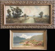 Zwei Landschaftsgemälde: J. Hohenberger (*1911), weite Landschaft mit Flusslauf und Staffagefiguren,