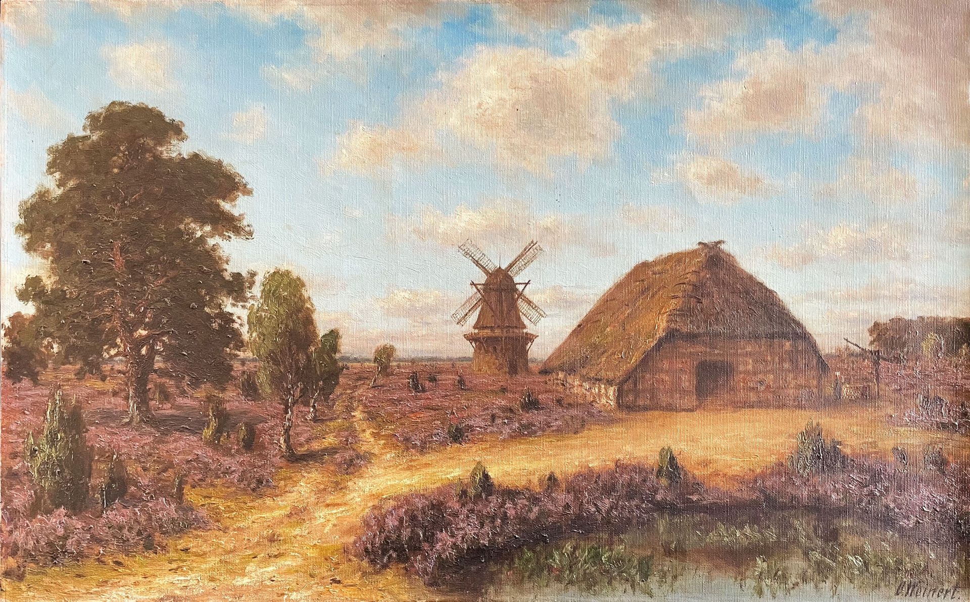 Carl WEINERT (1845-?), Landschaft mit Windmühle und Bauernhaus, signiert, Öl/Lwd, 55 x 86 cm