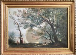 Unbekannter Künstler, um 1900, Landschaft mit Bäumen und figürlicher Staffage, unleserlich signiert,
