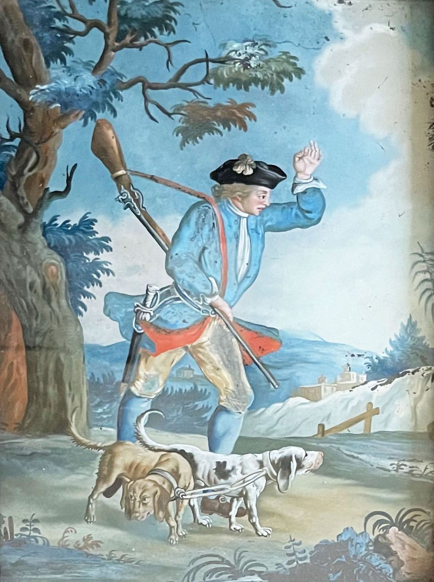 Hinterglasbild, süddeutsch, um 1780, Jäger mit Gewehr über der Schulter und Dolch am Gürtel mit zwei - Image 2 of 3