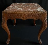 Tisch mit Marmorplatte, Holz, Ornamentik, unterseitig Etikett: Fritz Ernst Holzbildhauer