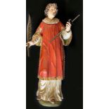 Süddeutsch, 19. Jh., Diakon mit Palmwedel und Kreuz, Holz, farbig gefasst. Der jugendliche Heilige