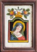 Hinterglasbild, Böhmen, 19. Jh, Hl. Maria von Rosen flankiert, Altersspuren, 33 x 23,5 cm