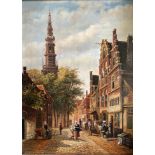 Unbekannter Künstler, Niederländische Stadtszene mit Kopfsteinpflaster, Backsteinhäusern, Kirche