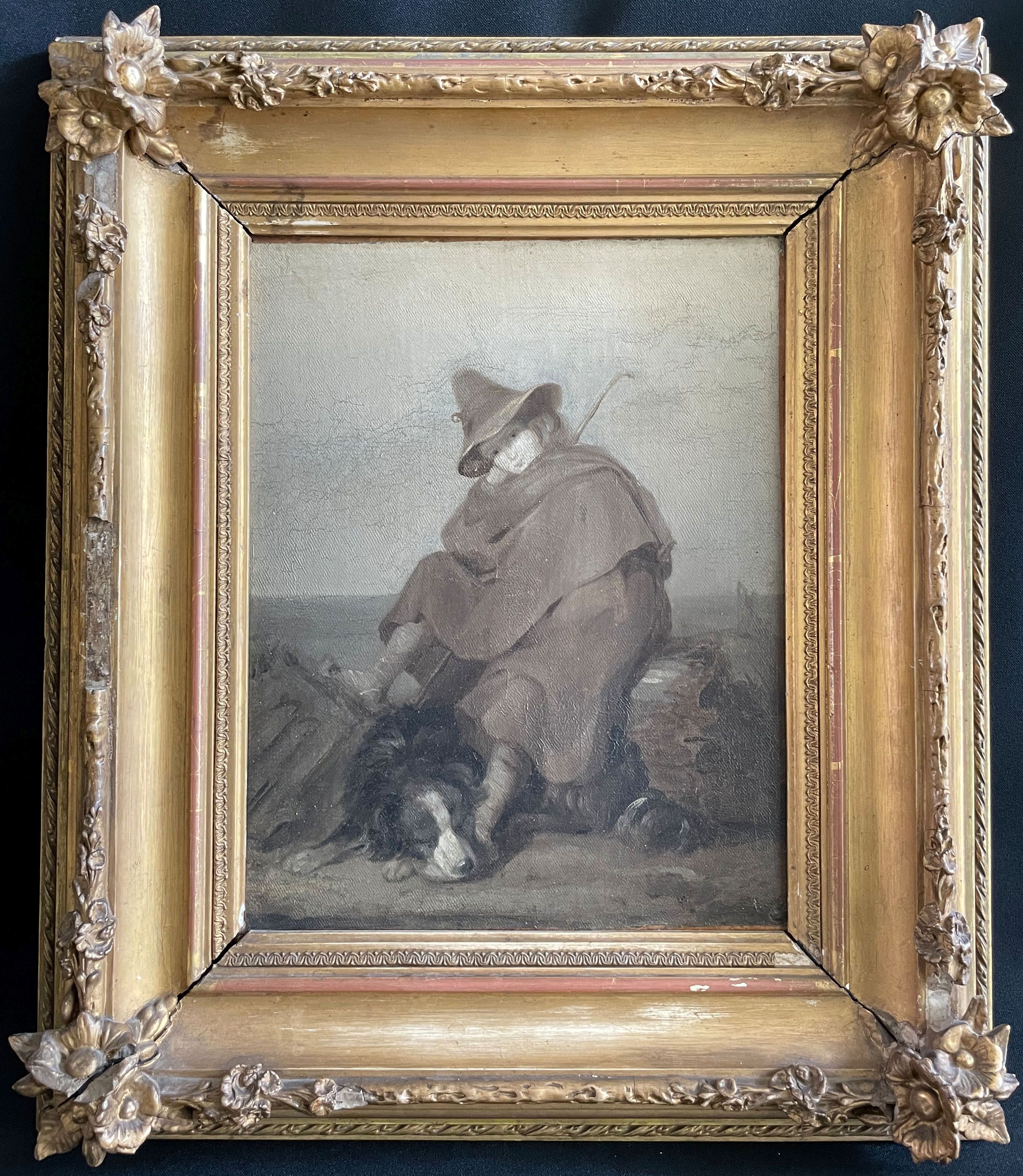 Unbekannter Künstler, 19. Jh., Schäferin auf der Rast, mit Hut und Stock sowie einem Hund zu ihren - Image 3 of 3