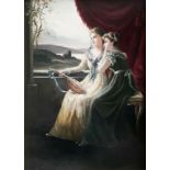 Unbekannter Maler, um 1900, Geschwisterpaar: zwei junge Mädchen mit Mandoline blicken durch ein
