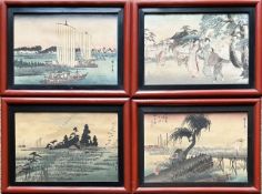 Vier japanische Farbholzschnitte mit Landschaftsdarstellungen und Figurenstaffage, Altersspuren,