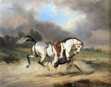 Unbekannter englischer Künstler, 19. Jh., Fallender Reiter in einer Landschaft mit dramatischen