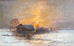 Anton WINDMAIER (1840-1896), Winterlandschaft im Sonnenuntergang mit Hütte und figürlicher