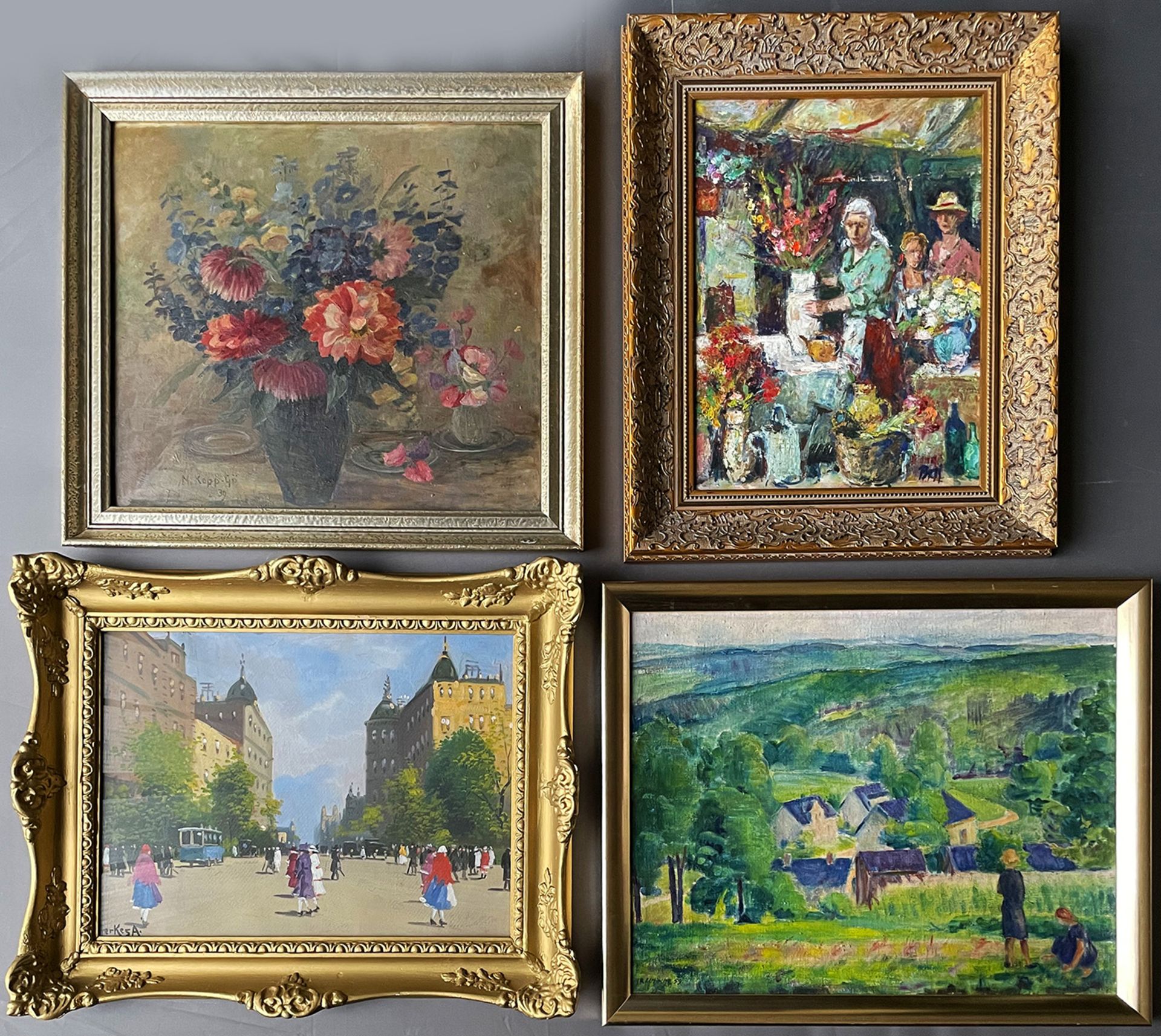 4 Gemälde mit Blumen und landschaftlichen Motiven: M. Kopp-Gössele (Rottweil), Blumenstilleben,
