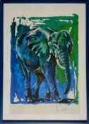 Rolf Knie (* Bern 1949) Elefant in Blau und Grüntönen, Farbserigrafie, sign. und dat. "97",