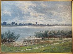 Arthur Bell (1876-1966, Düsseldorfer Malerschule), Weite Flusslandschaft mit stimmungsvollem Himmel,