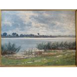 Arthur Bell (1876-1966, Düsseldorfer Malerschule), Weite Flusslandschaft mit stimmungsvollem Himmel,