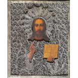 Ikone, Russland, 19. Jh., Christus Pantokrator mit Silberoklad, feine Silberfiligranarbeit, gepunzt,