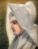 Augustinus Heuman, Portrait einer Nonne im Profil vor grün-gelbem Hintergrund, monogr., Öl/Pappe