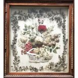 England, um 1800, Blumencollage: Rosen und Nelken, teils aus Gaze, umkränzt von Blüten aus Haar,
