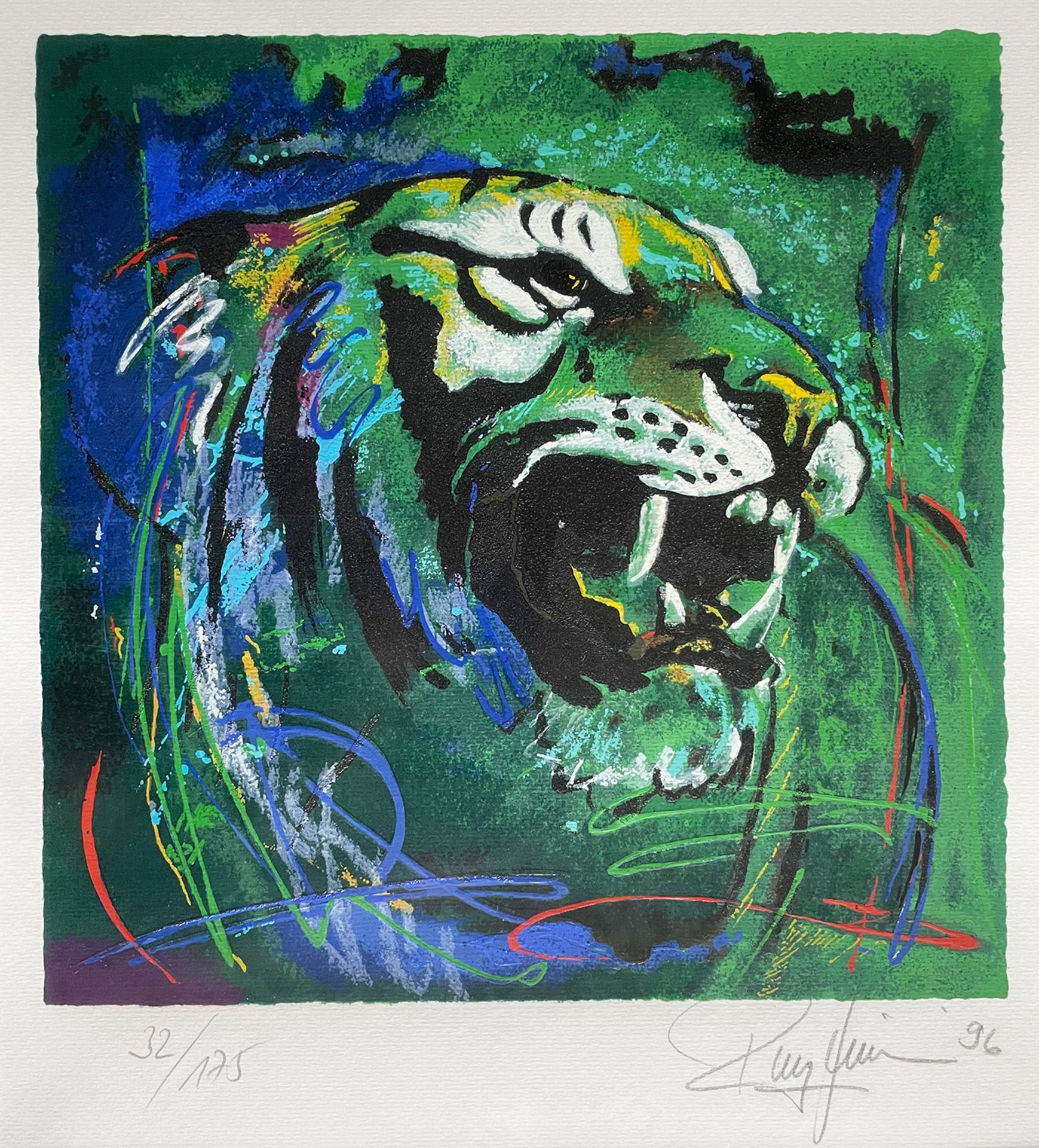 Rolf Knie (* Bern 1949) Tigerkopf in Blau- und Grüntönen mit andersfarbigen Akzenten, - Bild 2 aus 4