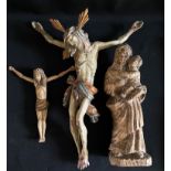 Konvolut drei Figuren und zwei Sockel, Holz, 19./20. Jh.: Mutter mit Kind, Reste alter Fassung, H.