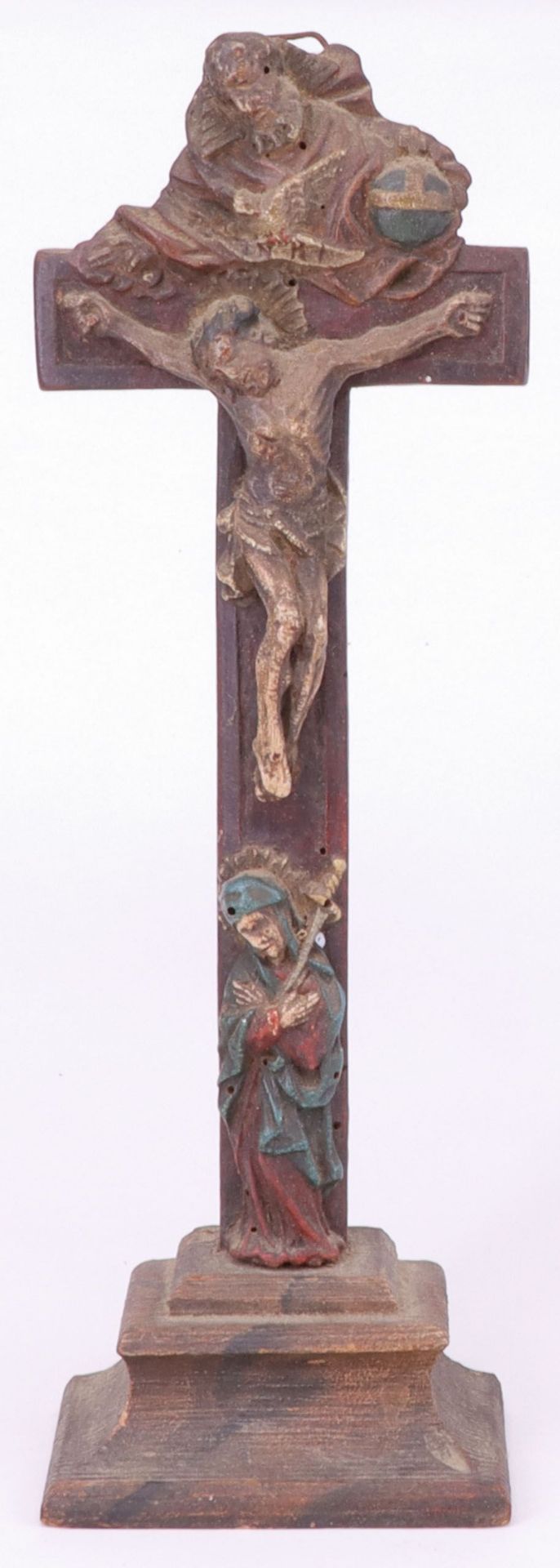 Kreuzigungsgruppe, 19. Jh., Holz, Kunststoff, Pappmaché, Bronze-Christus, farbig gefasst, über - Image 5 of 7